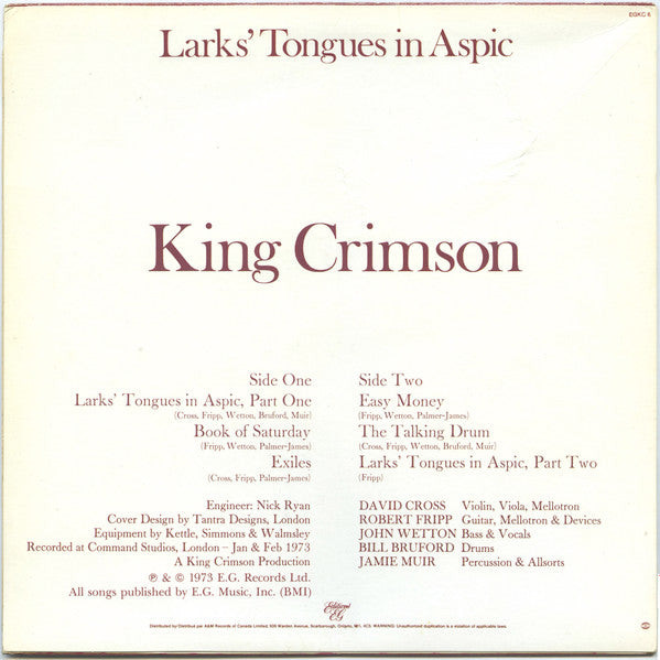 King Crimson – Larks' Tongues In Aspic Half Speed Master Pressing - Locked Groove Records